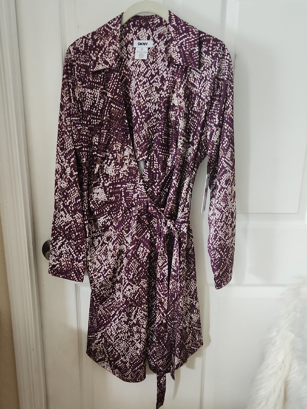 DKNY Plum and White Abstract Wrap Dress
